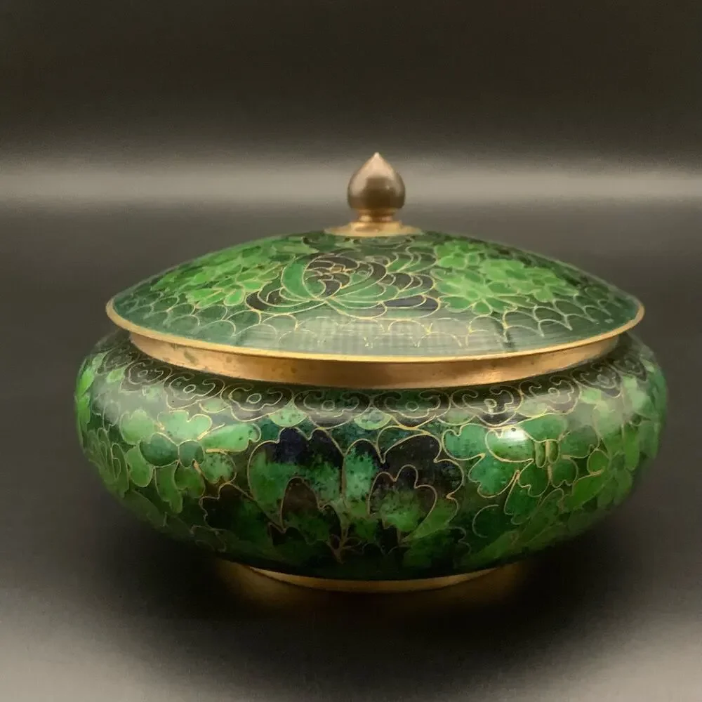 Chinese Cloisonne Bowl w/ Lid Enamel Over Brass Green Champleve Floral Leaf - Picture 2 of 16